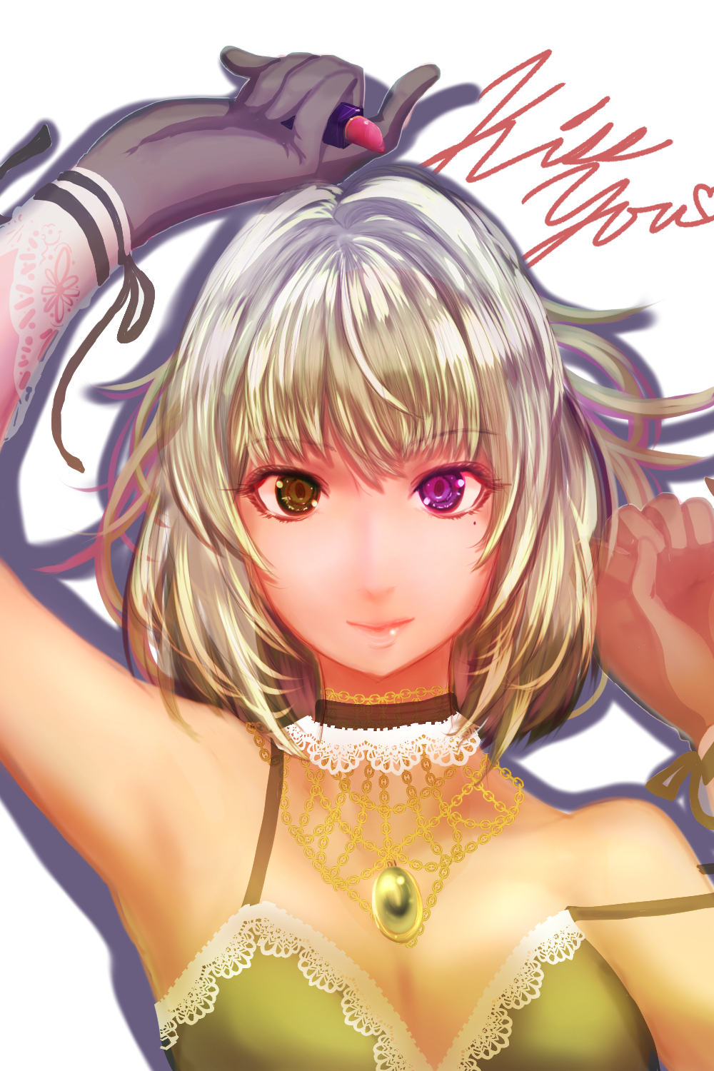 1girl armpits bangs black_choker blonde_hair bra breasts choker cleavage closed_mouth commentary_request dearmybrothers drop_shadow eyebrows_visible_through_hair gloves green_bra green_eyes heterochromia highres holding idolmaster idolmaster_cinderella_girls jewelry lipstick_tube looking_at_viewer medium_breasts necklace off_shoulder pink_lips purple_eyes short_hair smile solo strap_slip takagaki_kaede underwear upper_body white_background