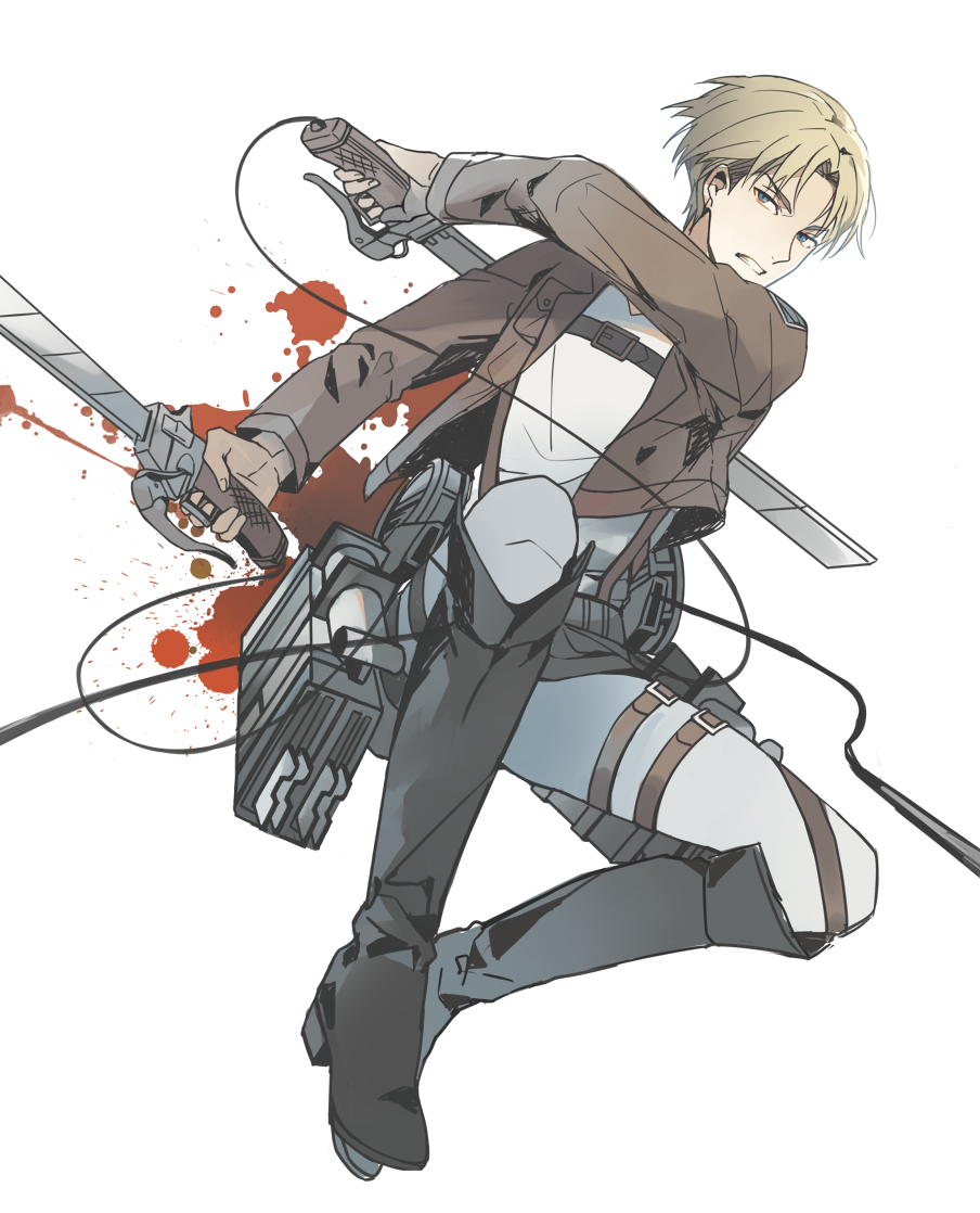 androgynous blonde_hair blood blue_eyes boots brown_jacket commentary dual_wielding emblem enlin holding jacket knee_boots knees_up nanaba pants paradis_military_uniform shingeki_no_kyojin short_hair simple_background solo sword thigh_strap three-dimensional_maneuver_gear weapon white_background white_pants wire