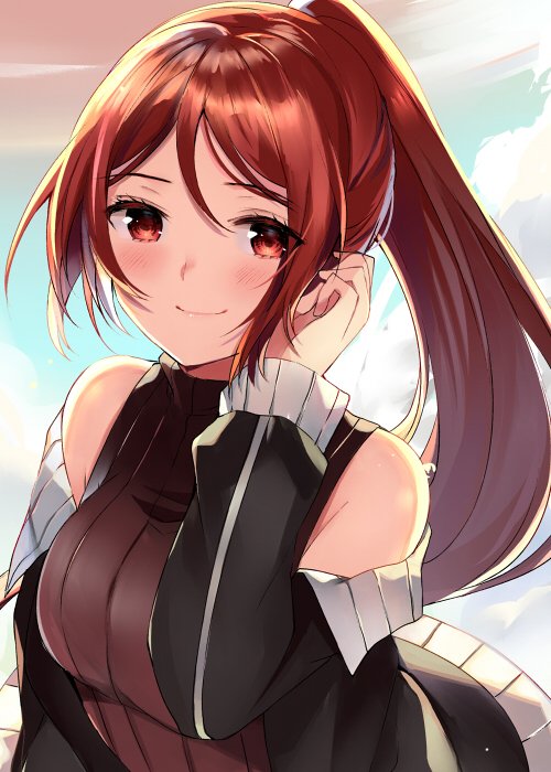 1girl adjusting_hair bare_shoulders blush breasts brown_eyes brown_hair commentary_request detached_sleeves looking_at_viewer medium_breasts original ponytail ribbed_sweater ry_thae shirt sleeveless sleeveless_shirt smile solo sweater upper_body