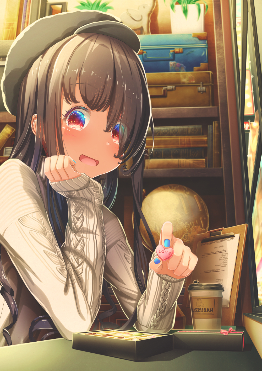 1girl :d abo_(kawatasyunnnosukesabu) black_hair black_hat blue_nails book_stack bookshelf box cabbie_hat candy candy_heart chin_rest clipboard coffee_cup commentary_request cup disposable_cup elbows_on_table food globe hair_over_one_eye hat highres holding holding_candy indoors long_hair long_sleeves looking_at_viewer lunchbox nail_polish open_mouth original plant potted_plant red_eyes smile solo sweater white_sweater