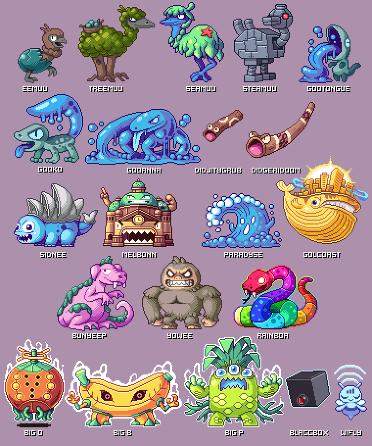 blue-tongued_lizard didgeridoo egg emu eyes_closed gecko goanna lizard no_humans open_mouth original paul_robertson pixel_art pokemon pokemon_(creature) robot snake sydney_opera_house waving whale