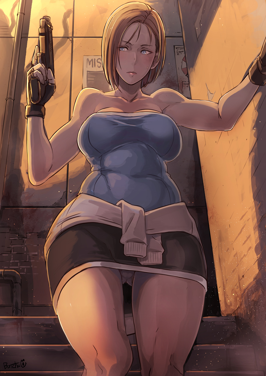 1girl against_wall armpit_peek bare_shoulders blood blood_stain blue_eyes breasts brown_hair butcha-u cameltoe cleavage clothes_around_waist collarbone covered_navel erect_nipples fingerless_gloves gloves gluteal_fold gun handgun highres jill_valentine large_breasts looking_to_the_side panties pantyshot pantyshot_(standing) resident_evil resident_evil_3 serious shadow short_hair skirt stairs standing strapless thigh_gap toned tubetop underwear weapon