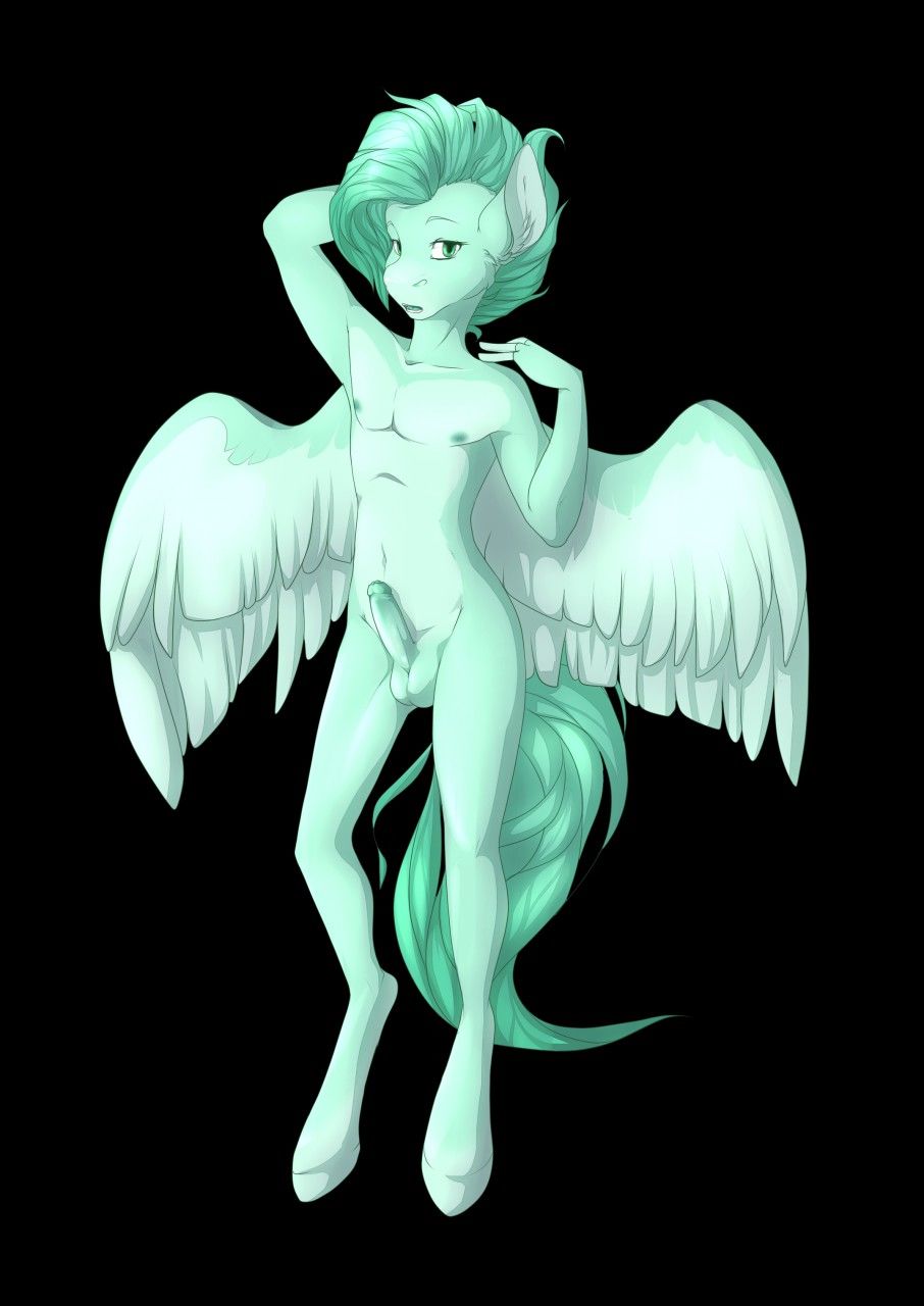 anthro balls cyan_hair equine fan_character feathered_wings feathers green_eyes hooves male mammal my_little_pony nipples pegasus penis rikitoka solo wings