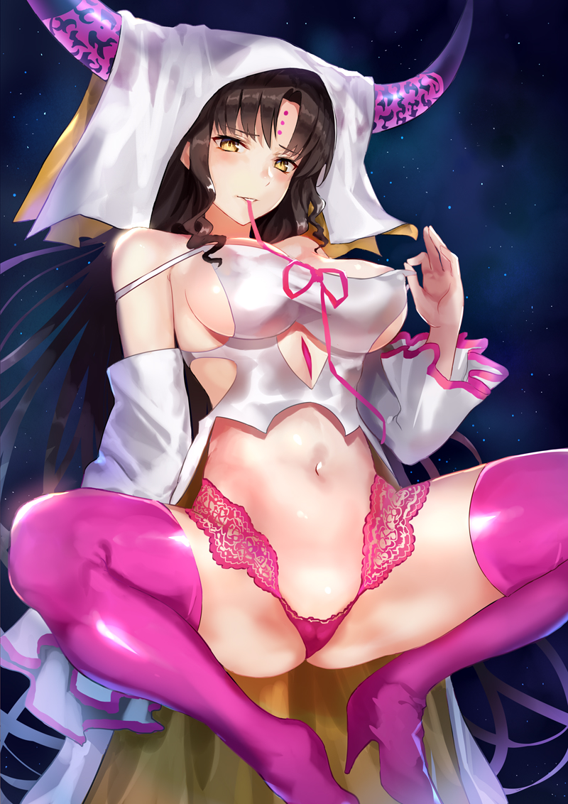 arched_back ass bare_shoulders black_hair breasts cleavage covered_nipples detached_sleeves facial_mark fate/extra fate/extra_ccc fate_(series) forehead_mark from_below groin high_heels horns jirusu large_breasts long_hair looking_at_viewer panties parted_lips purple_legwear purple_panties sesshouin_kiara sideboob solo squatting strap_slip thighhighs thighs underwear veil very_long_hair yellow_eyes