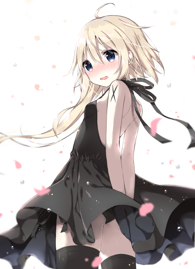 ahoge asymmetrical_hair backless_dress backless_outfit bangs black_dress black_legwear black_panties blonde_hair blue_eyes blush breasts commentary_request drawstring dress eyebrows_visible_through_hair from_behind hair_between_eyes halterneck long_hair looking_at_viewer looking_back nose_blush open_mouth original panties pantyshot petals small_breasts solo thighhighs thighs tia-chan uchuuneko underwear wavy_mouth