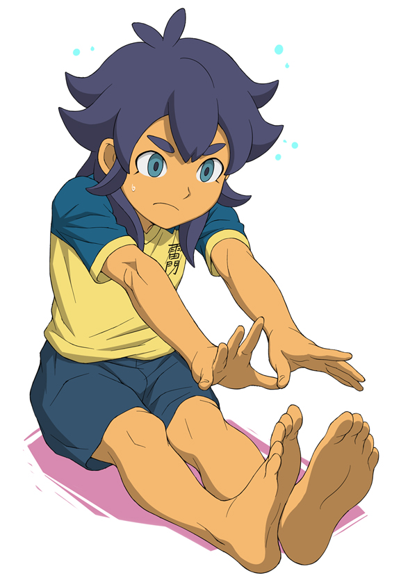 1boy :/ barefoot blue_eyes blue_hair feet inazuma_eleven inazuma_eleven_(series) inazuma_eleven_go kishibe_taiga male_focus shota sitting soccer_uniform stretching thick_eyebrows white_background yamamiya_hiroshi young