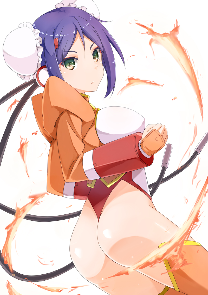 1girl android aq_interactive arcana_heart artist_request ass blue_hair breasts bun_cover double_bun examu expressionless fire green_eyes highleg highleg_leotard large_breasts leotard looking_at_viewer mei-fang robot_girl shiny shiny_hair shiny_skin short_hair sideboob solo thighhighs thong_leotard