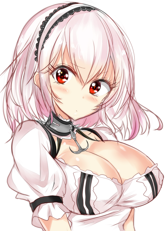 :t azur_lane bangs blush breasts cleavage closed_mouth commentary_request dress eyebrows_visible_through_hair hair_between_eyes hairband haru_(nature_life) head_tilt large_breasts looking_at_viewer pink_hair pout puffy_short_sleeves puffy_sleeves red_eyes short_sleeves simple_background sirius_(azur_lane) upper_body white_background white_dress white_hairband