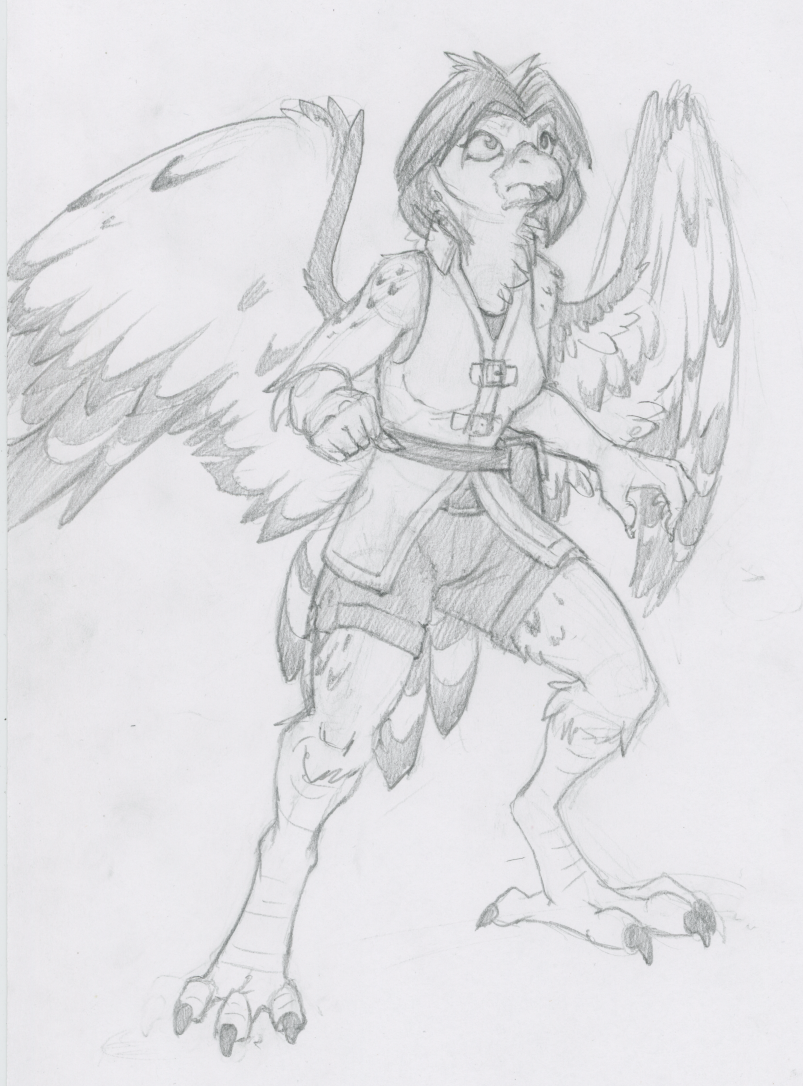 2019 anthro avian beak bird clothed clothing feathered_wings feathers female ruaidri sketch standing traditional_media_(artwork) wings