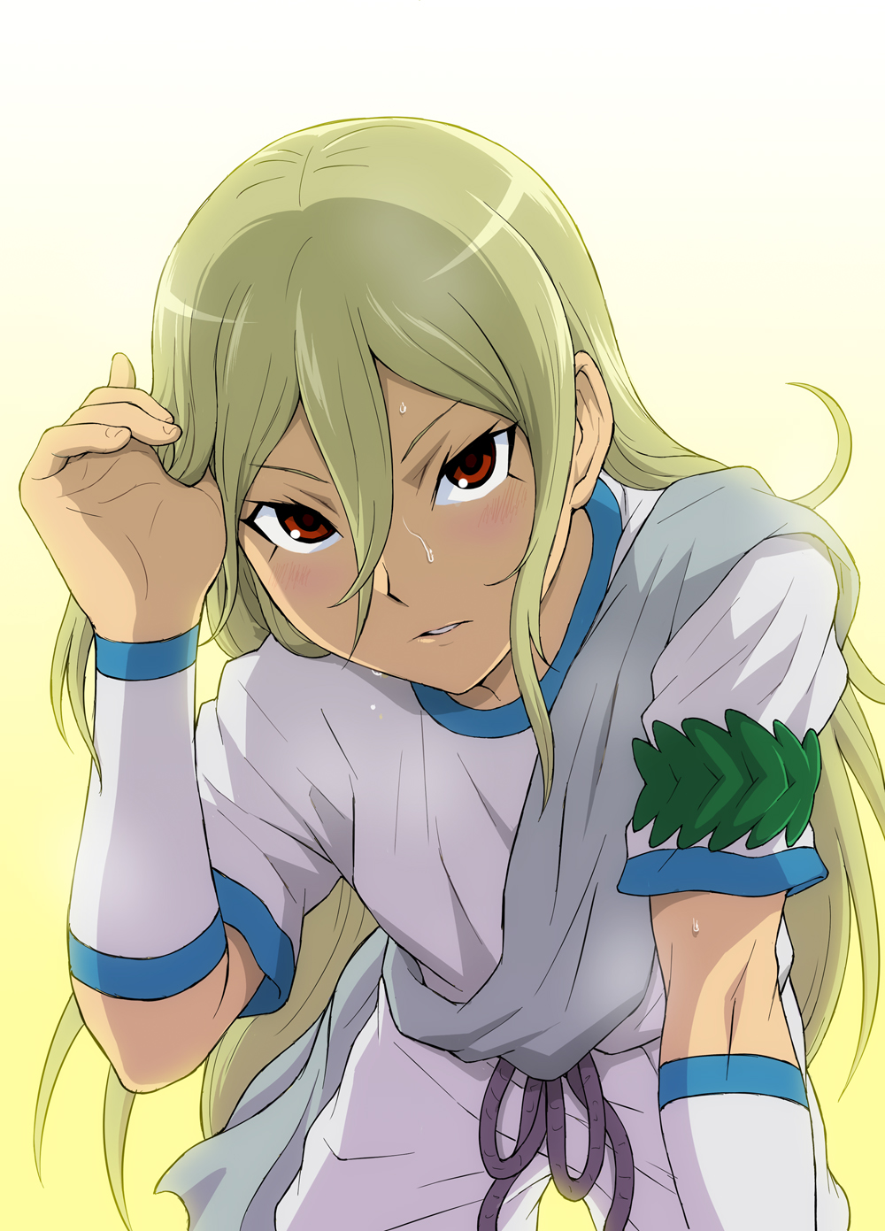 1boy afuro_terumi blonde_hair blush clothed inazuma_eleven inazuma_eleven_(series) long_hair looking_at_viewer male_focus red_eyes shota solo sweat white_background yamamiya_hiroshi young