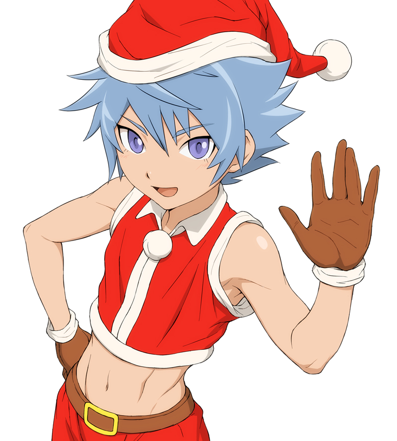 1boy bare_shoulders gloves hat hiura_kirina inazuma_eleven inazuma_eleven_(series) light_blue_hair open_mouth santa_costume shota smile solo standing white_background yamamiya_hiroshi young