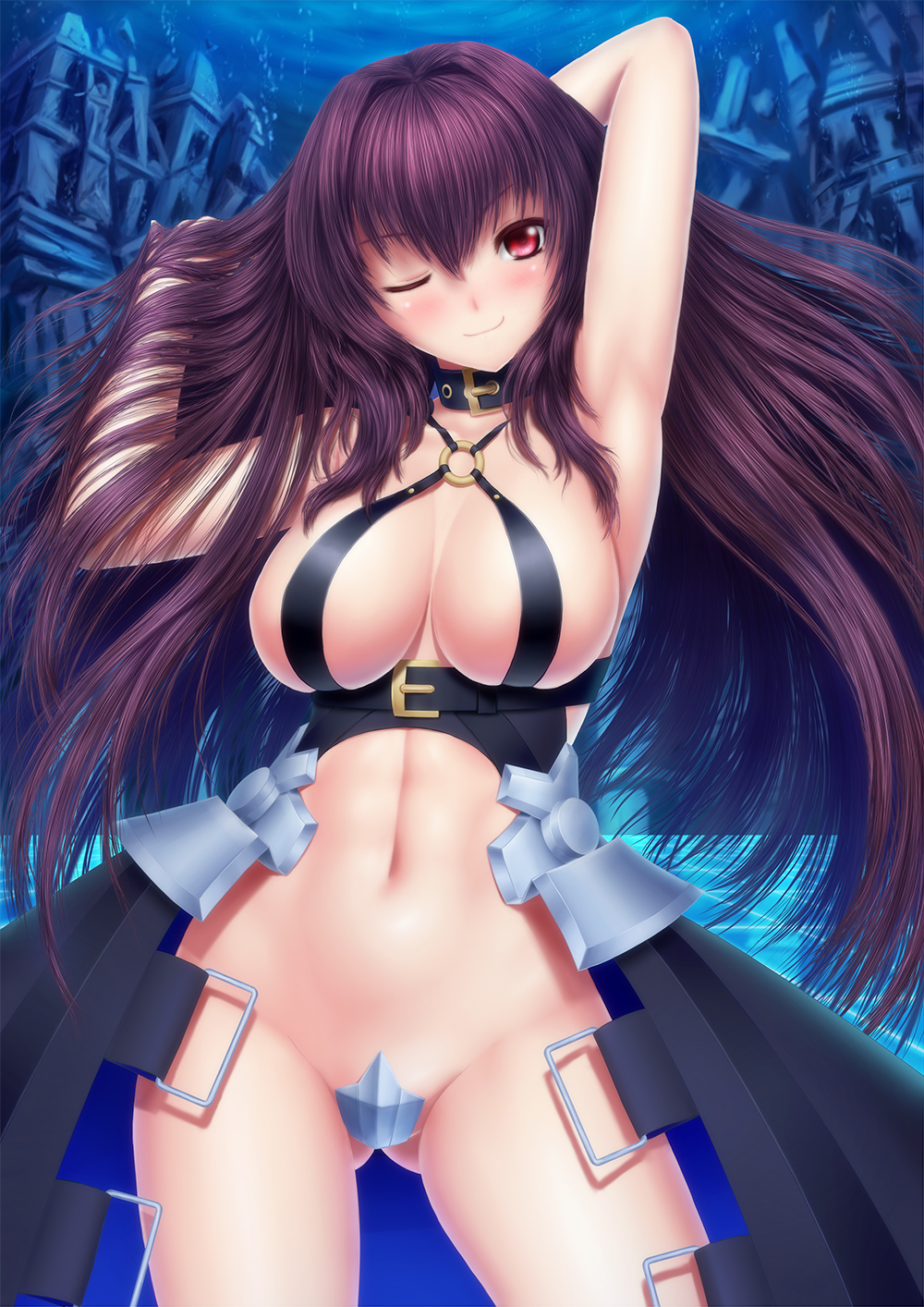 armpits ass_visible_through_thighs breasts collar collarbone commentary_request cosplay crotch_plate fate/extra fate/extra_ccc fate/grand_order fate_(series) groin highres large_breasts long_hair looking_at_viewer masatoki meltlilith meltlilith_(cosplay) navel o-ring o-ring_top one_eye_closed passion_lip passion_lip_(cosplay) playing_with_own_hair purple_hair red_eyes revealing_clothes scathach_(fate)_(all) scathach_(fate/grand_order) sideboob smile smirk solo thighs very_long_hair