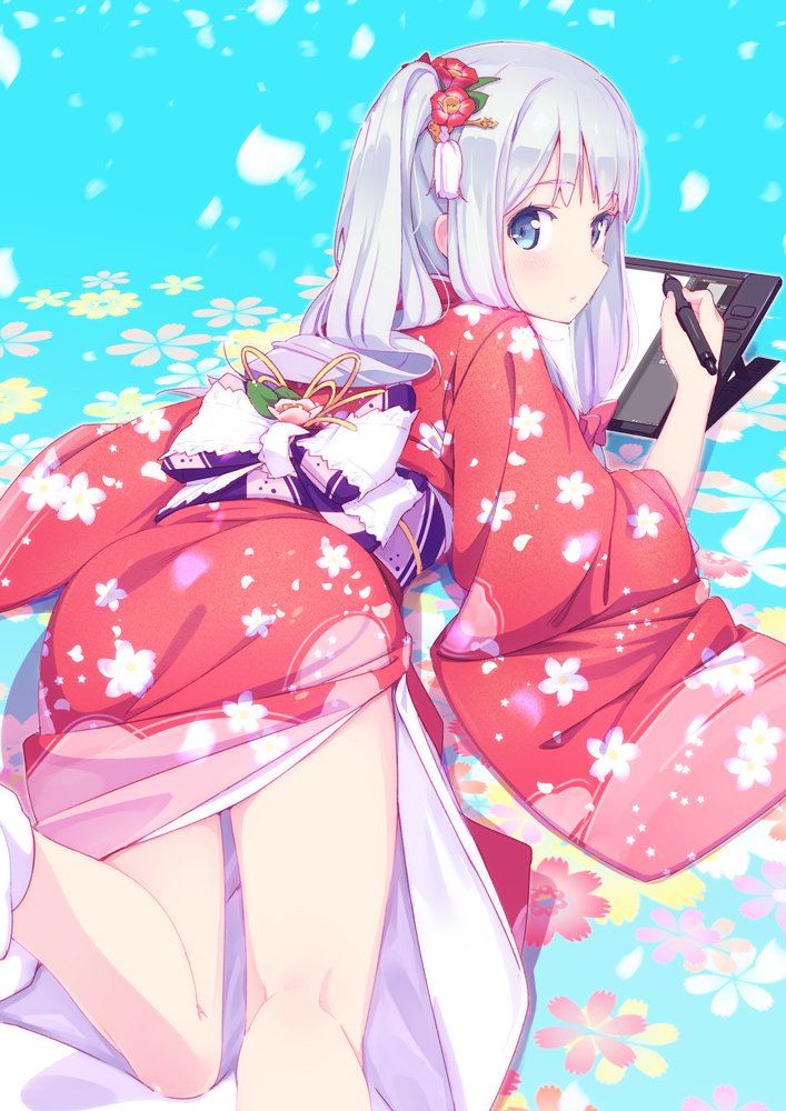 1girl azumi_akitake blue_background blue_eyes blush closed_mouth drawing_tablet eromanga_sensei feet_out_of_frame floral_print flower furisode hair_flower hair_ornament holding holding_pen izumi_sagiri japanese_clothes kimono legs long_hair looking_back lying obi on_floor on_stomach one_side_up pen red_kimono sash silver_hair socks solo thighs wide_sleeves