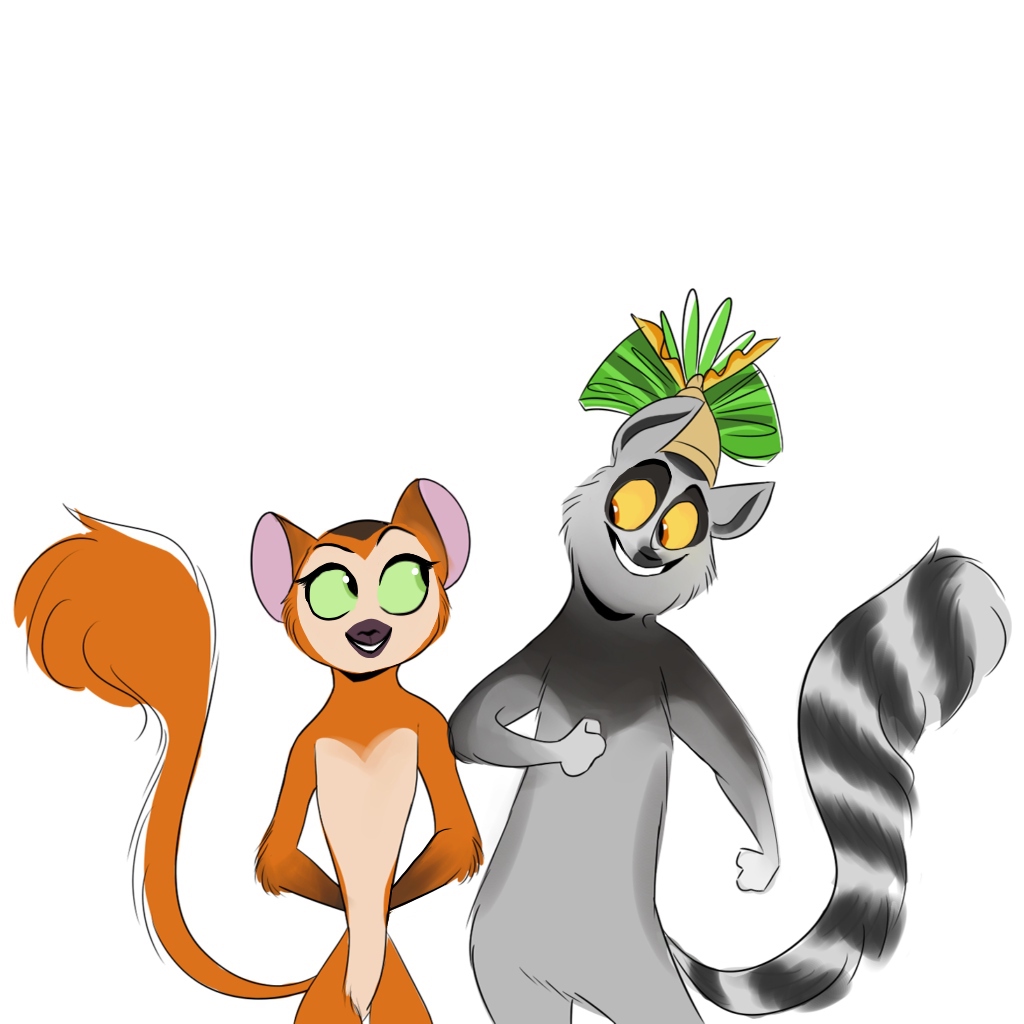 all_hail_king_julien citonita_(artist) clover_(madagascar) crown crowned_lemur dreamworks female fluffy fluffy_tail fur green_eyes grey_fur hands_on_back king_julien leaf madagascar male male/female orange_fur ring_tailed_lemur smile yellow_eyes