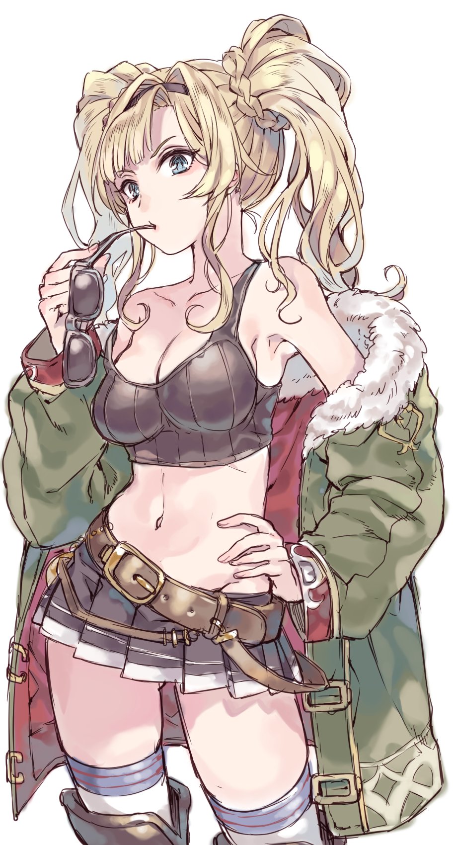 belt blonde_hair blue_eyes fur_trim granblue_fantasy hairband hand_on_hip highres jacket midriff miniskirt navel rojiko skirt solo sunglasses tank_top thighhighs twintails zeta_(granblue_fantasy)