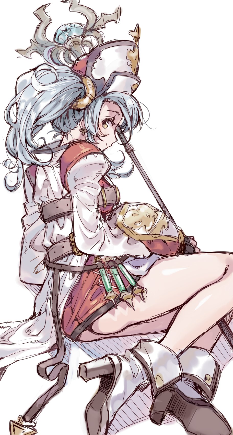 ass belt blue_hair granblue_fantasy high_heels highres long_hair looking_back rojiko sitting sketch solo sophia_(granblue_fantasy) staff twintails