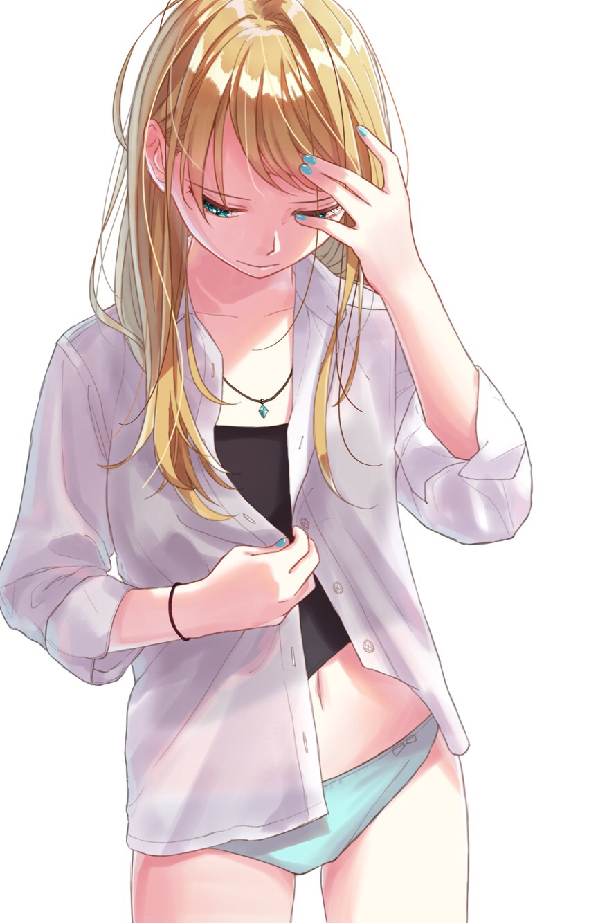 aqua_nails aqua_panties blonde_hair bracelet buttons closed_mouth commentary_request green_eyes hami_yura hand_to_head highres jewelry legs_apart long_hair looking_down messy_hair nail_polish necklace no_pants open_clothes open_shirt original panties see-through shirt simple_background solo standing straight_hair unbuttoned unbuttoned_shirt underwear white_background white_shirt