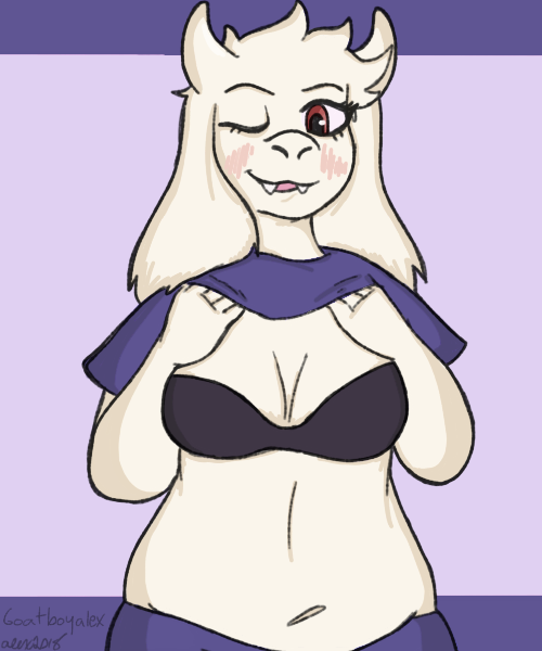 big_breasts blush boss_monster bra breasts caprine cleavage clothed clothing clothing_lift fangs female fur goat goatboyalex horn long_ears mammal mature_female overweight overweight_female pants red_eyes shirt shirt_lift slightly_chubby smile toriel undertale underwear video_games white_fur