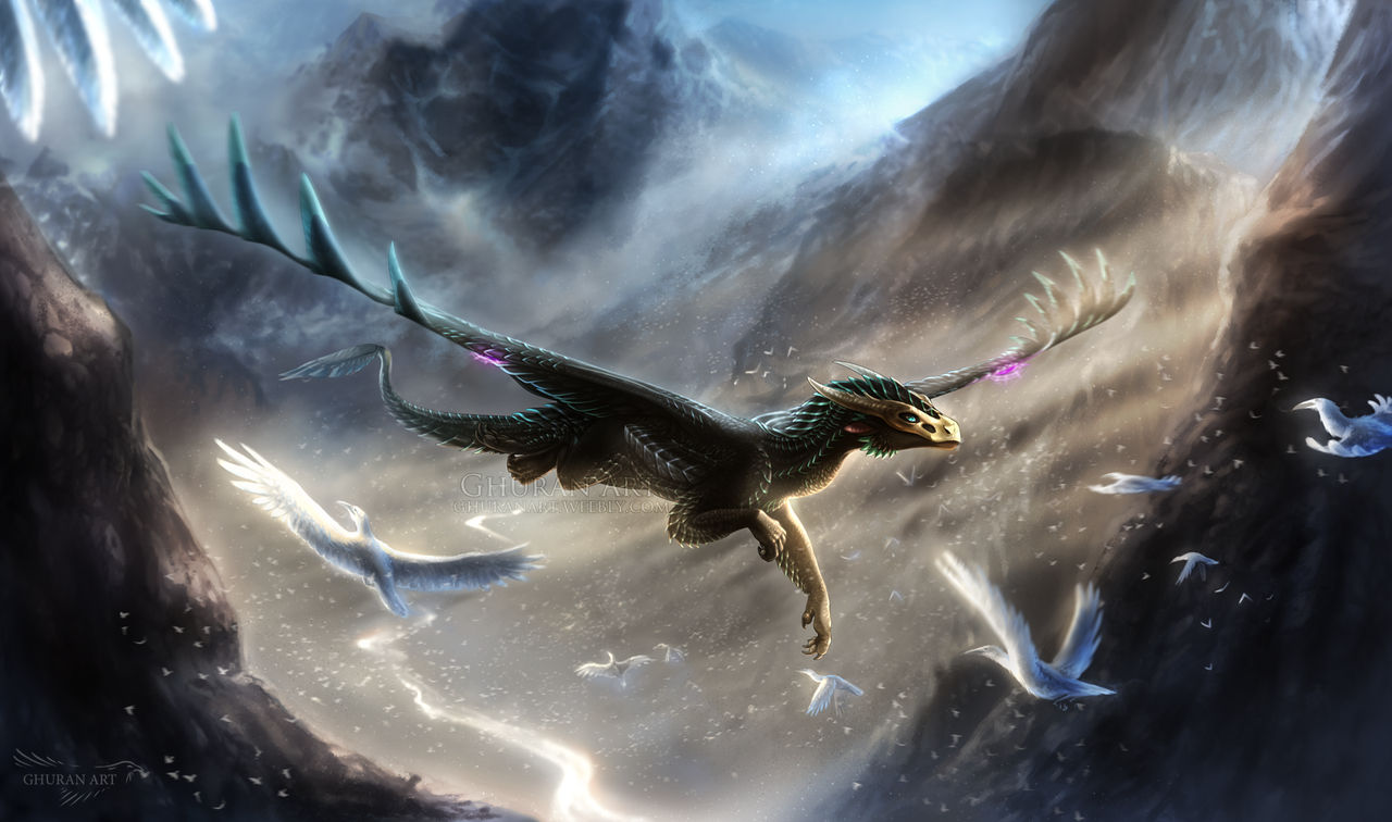 2018 ambiguous_gender avian bird blue_eyes detailed_background digital_media_(artwork) dragon feral flying green_scales group hydlunn scales scalie spines western_dragon