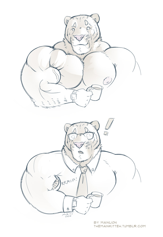 2015 anthro areola beverage clothing coffee eyewear feline flexing glasses herc_the_liger hybrid hyper hyper_muscles liger lion mainlion male mammal markings muscular muscular_male nipples nude pecs shirt simple_background sketch solo surprise tiger torn_clothing