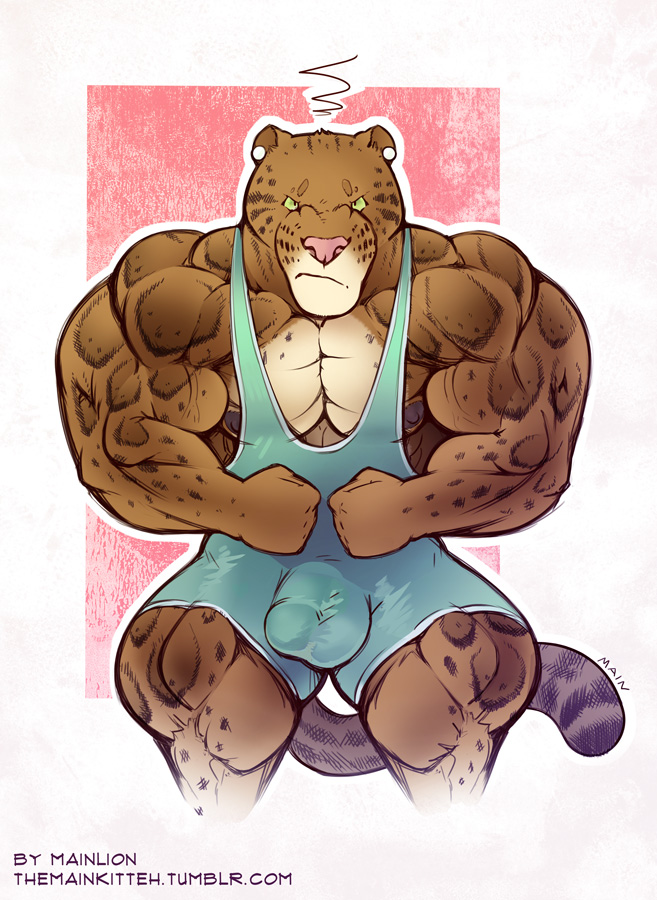 2014 angry anthro areola balls benji_(character) clothing clouded_leopard ear_piercing feline flexing frown green_eyes hyper hyper_muscles leotard mainlion male mammal markings muscular muscular_male nipples pecs penis penis_shaped_bulge piercing simple_background solo thick_thighs