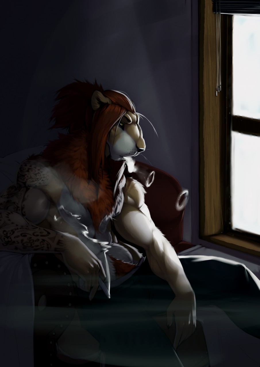 2016 abs anthro biceps black_claws black_nose bulge chair claws clothed clothing digital_media_(artwork) feline fur hair hybrid koji_sourfang liger lion long_hair lost-paw male mammal muscular muscular_male neck_tuft red_fur red_hair smoke smoking solo stripes tattoo tiger topless tuft white_fur window yellow_eyes yellow_fur