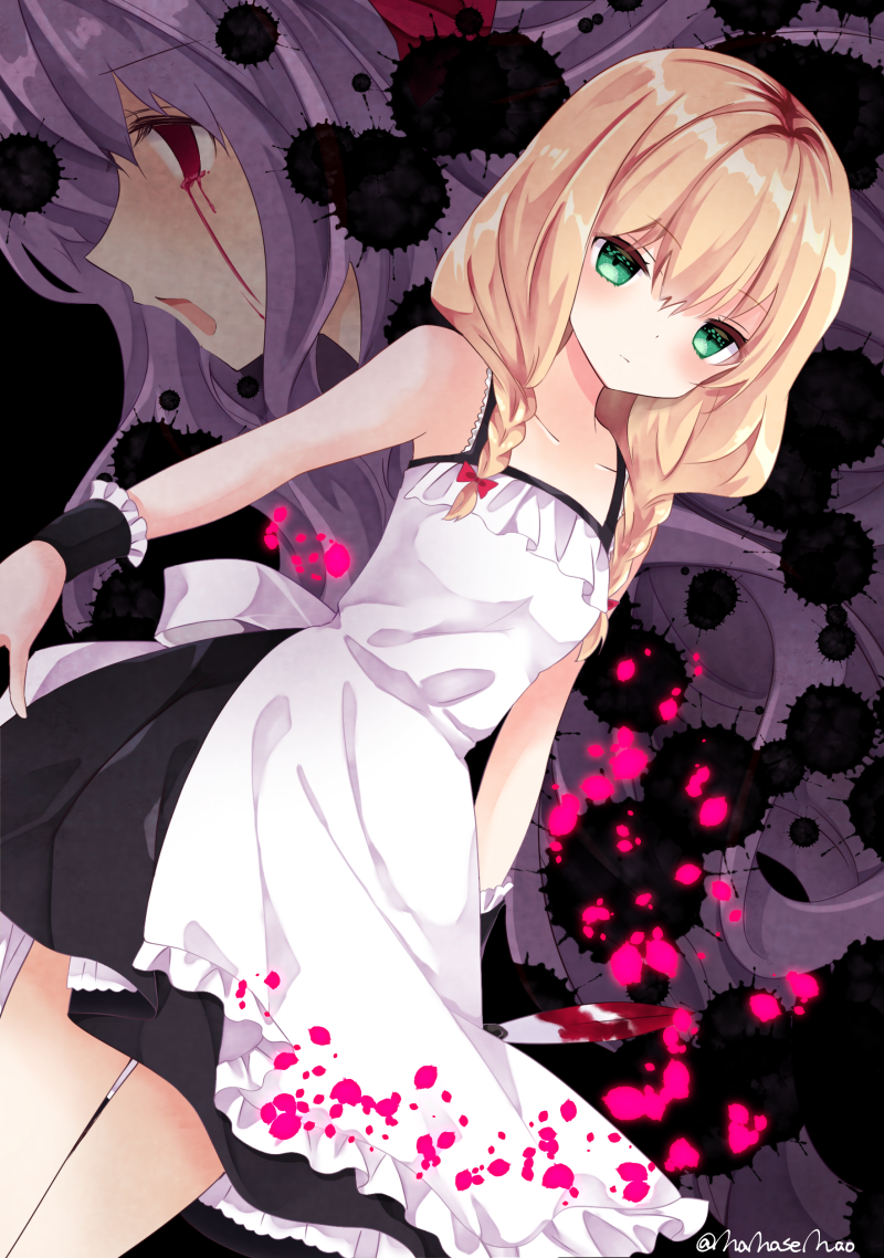 blonde_hair blood bloody_tears blush braid collarbone commentary_request dress ellen_(majo_no_ie) expressionless eyebrows_visible_through_hair green_eyes long_hair low_braid majo_no_ie multiple_girls nanase_nao open_mouth purple_hair red_eyes splatter twin_braids viola_(majo_no_ie) wrist_cuffs