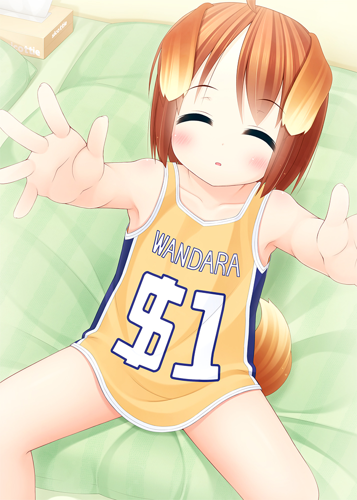 ahoge animal_ears blush brown_hair closed_eyes dog_ears dog_tail facing_viewer fang inuarashi meiko_(inuarashi) original outstretched_arms pov reaching_out short_hair sitting solo tail tank_top