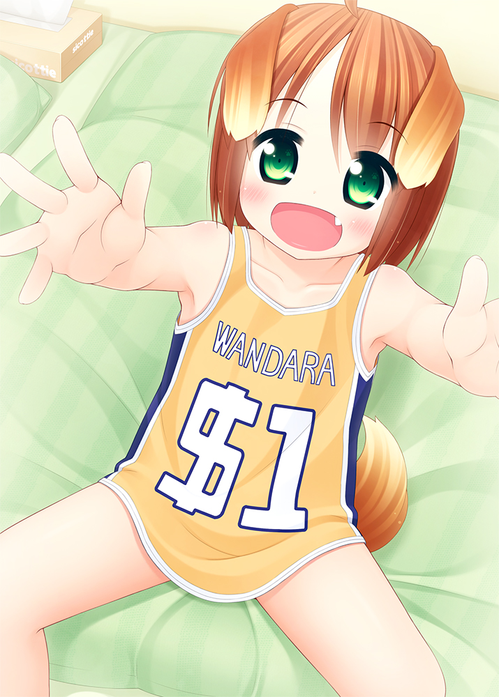 :d ahoge animal_ears blush brown_hair dog_ears dog_tail fang green_eyes inuarashi looking_at_viewer meiko_(inuarashi) open_mouth original outstretched_arms pov reaching_out short_hair sitting smile solo tail tank_top
