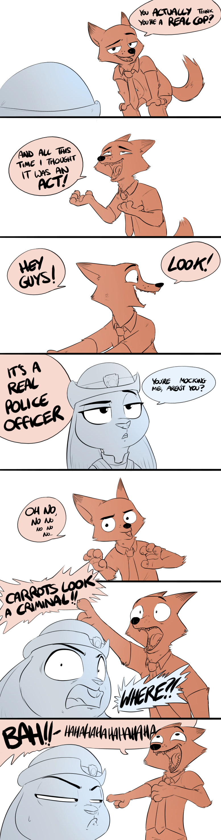 absurd_res annoyed anthro bent_over buckteeth canine clothing comic dialogue disney duo female fox half-closed_eyes hand_on_knee hat hi_res judy_hopps lagomorph laugh male mammal mocking nick_wilde parody pointing police_uniform rabbit restricted_palette sharp_teeth shoutingisfun simple_background speech_bubble surprise teeth text tongue toy_story uniform white_background zootopia