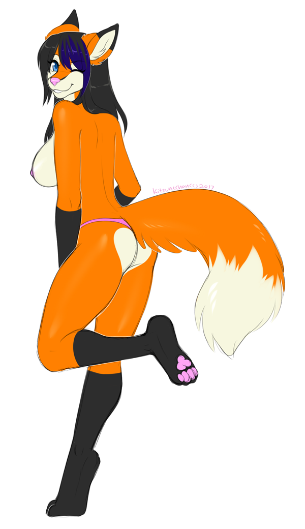 anthro breasts butt canine clothed clothing female fox kitsunewaffles-chan looking_at_viewer mammal nipples panties smile solo topless underwear