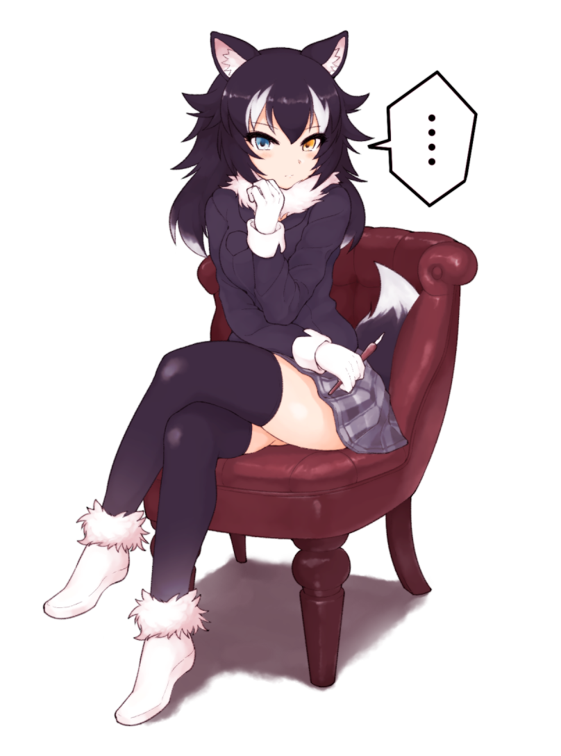 1girl animal_ears bad_id bad_pixiv_id black_hair blue_eyes blush breasts chair closed_mouth commentary_request crossed_legs eyebrows_visible_through_hair full_body fur_collar gloves grey_wolf_(kemono_friends) heterochromia ink_pen kemono_friends long_hair medium_breasts multicolored_hair simple_background sitting skirt solo spoken_ellipsis tail thighhighs two-tone_hair white_background white_hair wolf_ears wolf_tail yajirushi_kaku yellow_eyes zettai_ryouiki