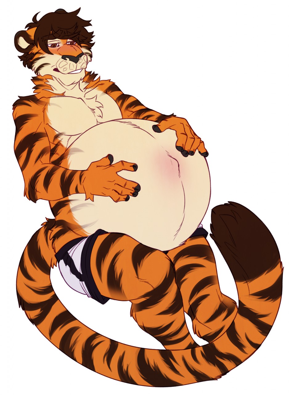 anthro belly big_belly brown_hair clothed clothing feline fur hair hand_on_stomach kaydex long_tail male male_pregnancy mammal navel orange_fur outie_navel pregnant shorts simple_background stripes the-narutoshi tiger topless white_background white_fur
