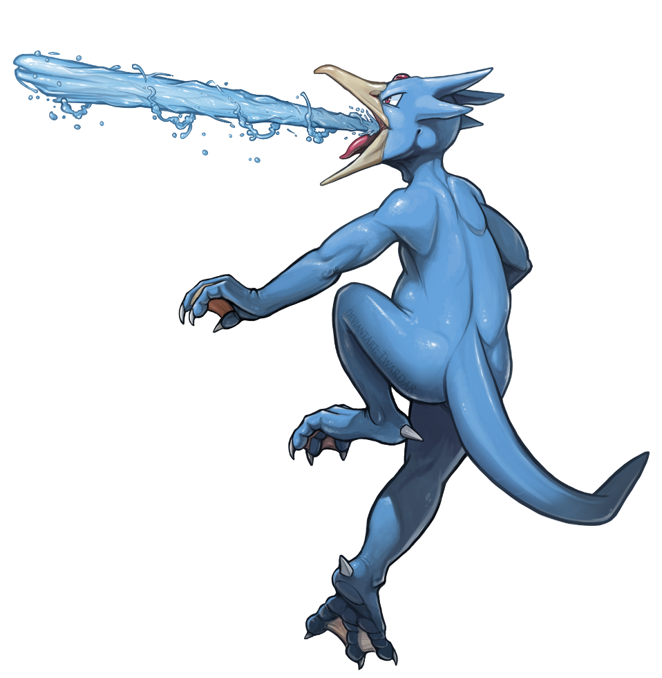 brown_eyes claws commentary creature deviantart_username from_behind full_body gen_1_pokemon golduck jumping no_humans pokemon pokemon_(creature) profile signature solo tongue transparent_background twarda8 water
