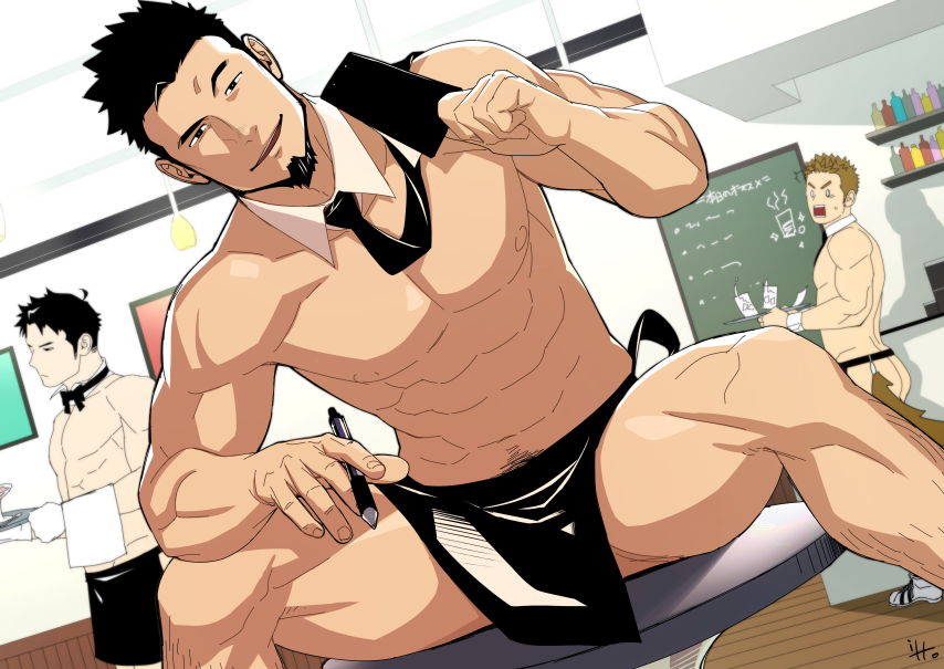 2boys 3boys abs apron ass bara facial_hair itto_(mentaiko) looking_at_viewer male_focus multiple_boys muscle naughty_face necktie sitting tray waiter