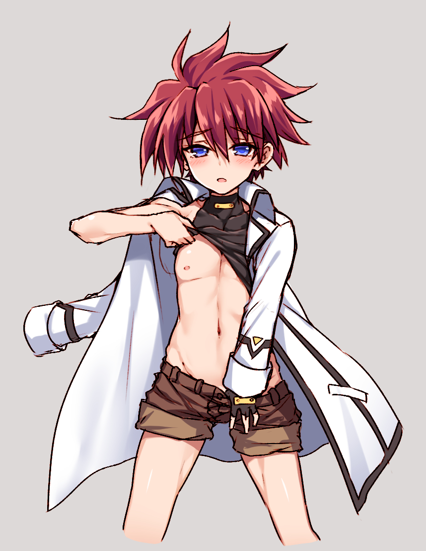black_gloves blue_eyes blush collarbone cowboy_shot cropped_legs embarrassed erio_mondial fingerless_gloves gloves grey_background groin halter_top halterneck jacket jacket_on_shoulders long_sleeves lyrical_nanoha mahou_shoujo_lyrical_nanoha_strikers male_focus navel nipples open_mouth pectorals raiou raised_eyebrows red_hair shiny shiny_hair shirt_lift shorts shorts_pull shorts_rolled_up simple_background single_glove solo spiked_hair undressing