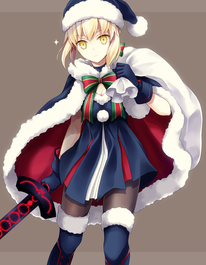 artoria_pendragon_(all) bag black_legwear blonde_hair blue_dress blue_footwear blue_gloves blue_hat blue_santa_costume boots bow bowtie breasts brown_background cape cleavage dark_excalibur dress fate/grand_order fate_(series) gloves hat holding holding_bag holding_sword holding_weapon kubyou_azami looking_at_viewer medium_breasts pantyhose sack santa_alter santa_boots santa_costume santa_hat sidelocks solo standing striped striped_bow striped_neckwear sword thigh_boots thighhighs weapon yellow_eyes