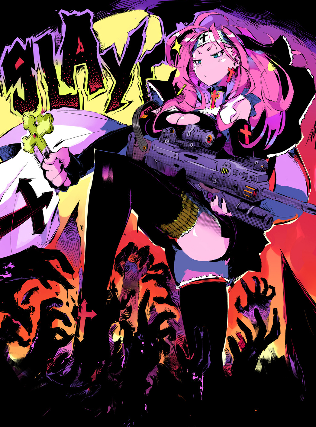 1girl adapted_costume andrea_cofrancesco ass bags_under_eyes bandolier battle_rifle black_footwear black_sleeves blue_eyes boots breasts bullet cleavage cleavage_cutout cross cross_earrings detached_sleeves disembodied_limb earrings gun habit headband highres jewelry large_breasts leg_lift long_hair nun original pink_hair rifle scope solo_focus stepped_on thigh_boots thighhighs weapon