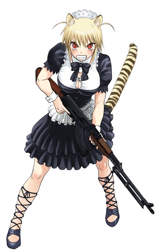 angry animal_ears blonde_hair bow breasts brown_hair bursting_breasts clenched_teeth facial_mark full_body gun hair_ornament holding holding_weapon large_breasts light_machine_gun looking_at_viewer machine_gun maid official_art red_eyes rifle rpk rpk_(upotte!!) short_hair skirt solo tail teeth tennouji_kitsune tiger_ears tiger_tail upotte!! weapon