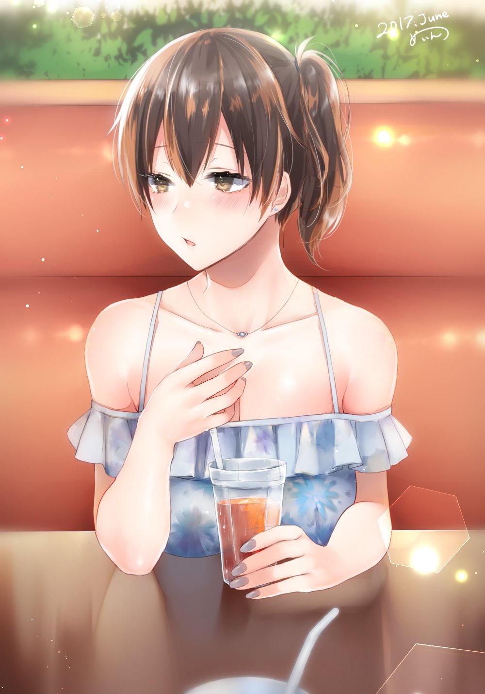 alternate_costume bare_shoulders blue_dress blush breasts brown_eyes brown_hair casual chestnut_mouth collarbone commentary_request contemporary dating detached_sleeves dress earrings floral_print hair_between_eyes highres jewelry kaga_(kantai_collection) kantai_collection large_breasts looking_to_the_side nail_polish off-shoulder_dress off_shoulder parted_lips pendant pov_across_table sakiryo_kanna short_ponytail side_ponytail sitting solo twitter_username upper_body