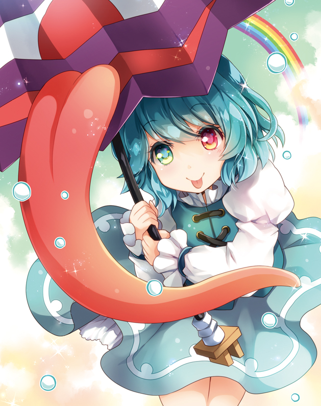 :p bangs blue_eyes blue_hair blue_skirt blue_vest cloud cloudy_sky commentary_request cowboy_shot day eyebrows_visible_through_hair frilled_sleeves frills geta green_sky heterochromia holding holding_umbrella juliet_sleeves karakasa_obake leaning_forward legs_together long_sleeves long_tongue looking_at_viewer outdoors petticoat puffy_sleeves rainbow red_eyes short_hair skirt sky smile solo sparkle standing tatara_kogasa tongue tongue_out touhou umbrella vest water_drop wind wind_lift yamadori_ofuu