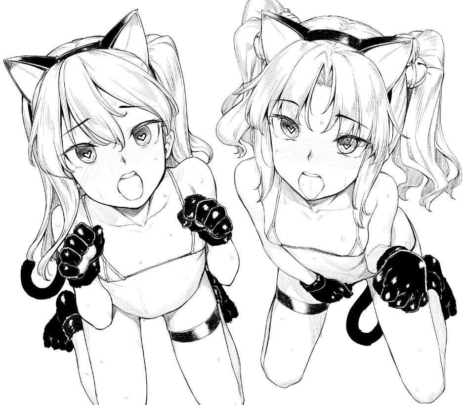 2girls animal_ears bikini black_gloves blush cat_ears cat_paws cat_tail flat_chest gloves h_kasei heart kneeling long_hair looking_at_viewer micro_bikini monochrome multiple_girls open_mouth original paws sidelocks simple_background sweat swimsuit tail tongs twintails white_background
