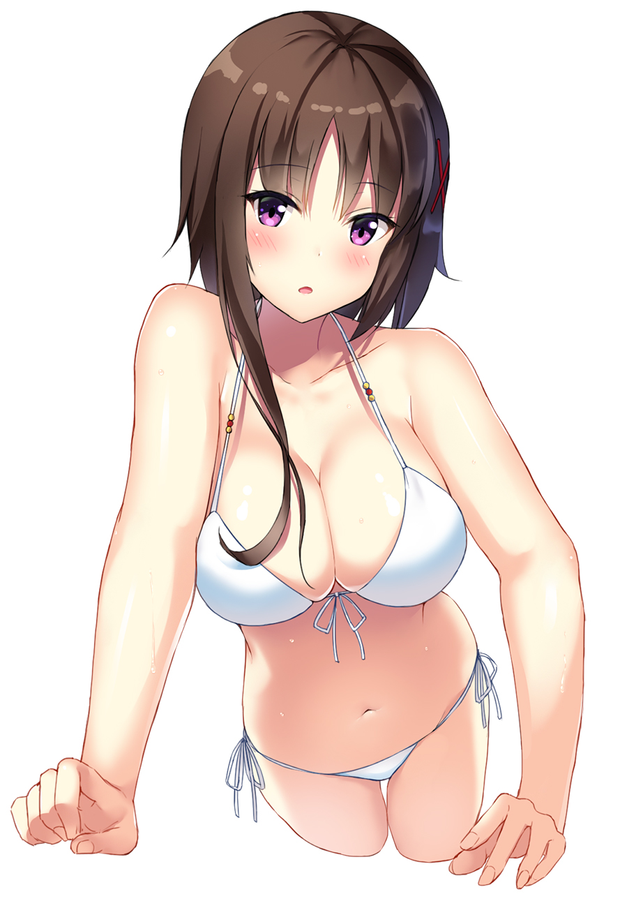:o bangs bare_arms bare_shoulders bikini blush breasts brown_hair cleavage cocona collarbone commentary_request cropped_legs eyebrows_visible_through_hair fingernails foreshortening from_above hagino_chiaki hair_ornament highres hinako_note large_breasts looking_at_viewer looking_up open_mouth purple_eyes ribbon shiny shiny_skin short_hair short_hair_with_long_locks side-tie_bikini sidelocks solo standing strap_gap string_bikini sweat swimsuit thigh_gap white_bikini white_ribbon x_hair_ornament