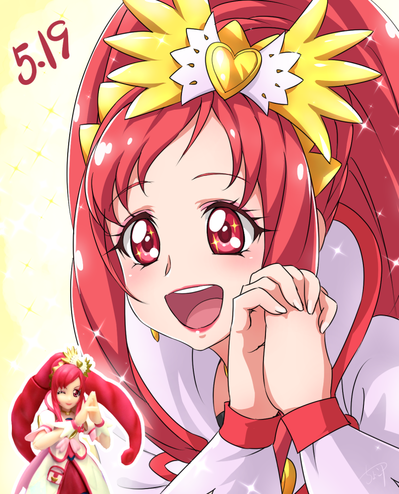 :d blush chocokin close-up cure_ace dokidoki!_precure figure hands_clasped happy lipstick long_hair madoka_aguri magical_girl makeup open_mouth own_hands_together precure red_eyes red_hair red_lipstick smile solo sparkle wrist_cuffs