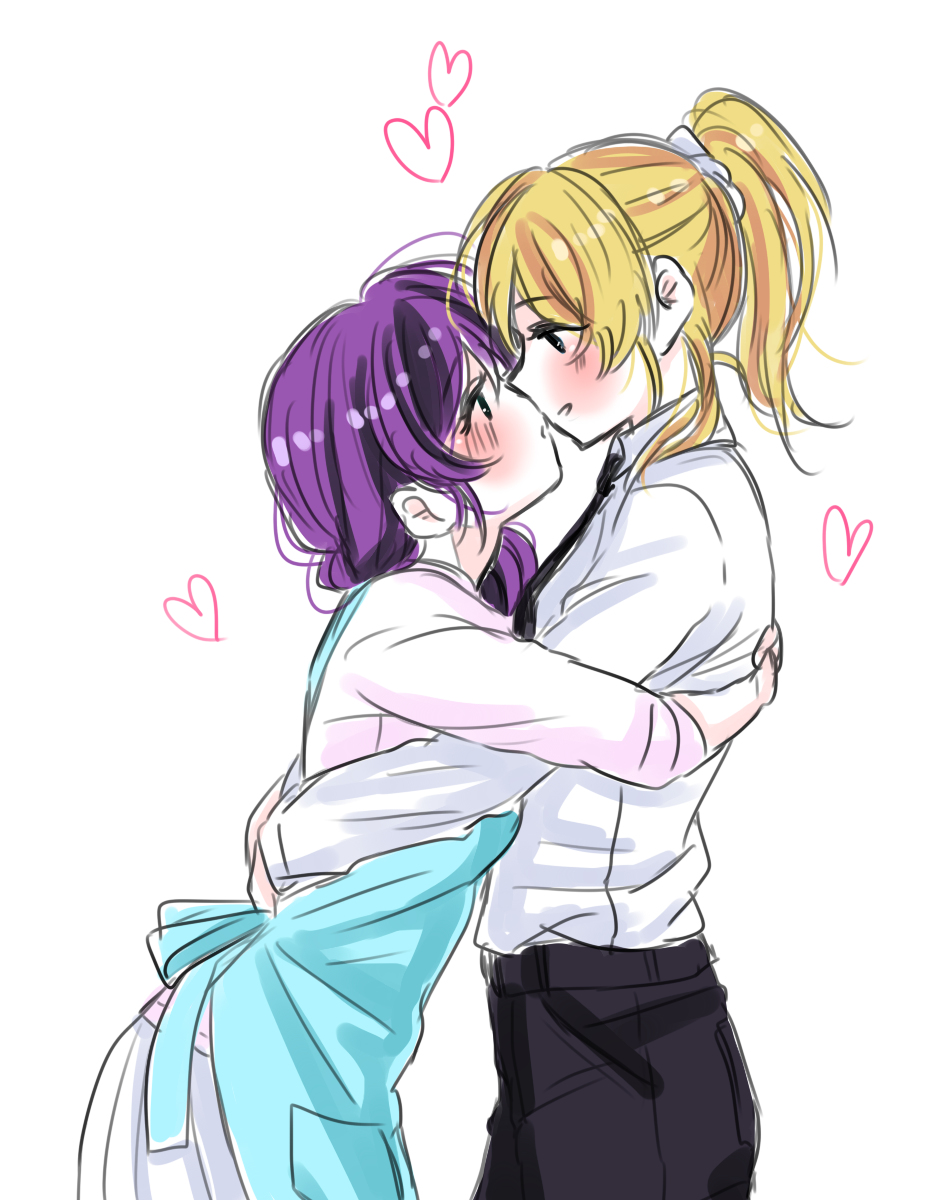 2girls airen apron ayase_eli blonde_hair blush couple hair_ornament incipient_kiss looking_at_another love_live! love_live!_school_idol_project multiple_girls pants purple_hair ribbon scrunchie simple_background toujou_nozomi yuri