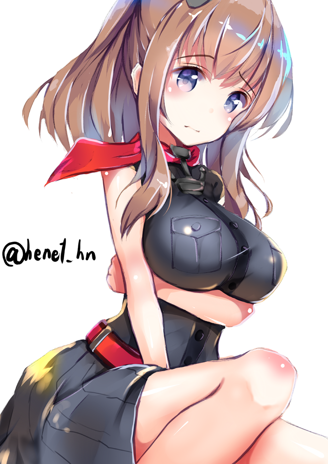 artist_name belt breast_pocket breasts brown_hair dress grey_eyes hair_between_eyes hair_ornament henet_hene kantai_collection large_breasts long_hair looking_at_viewer neckerchief pocket ponytail red_neckwear saratoga_(kantai_collection) side_ponytail smokestack solo
