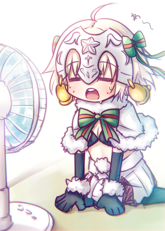 ahoge arm_support bangs bell black_bra black_gloves black_legwear blonde_hair bow bra capelet closed_eyes commentary_request dress electric_fan eyebrows_visible_through_hair fal fan fanning_face fanning_self fate/grand_order fate_(series) fur_trim gloves green_bow hair_bow hair_ribbon headpiece heat jeanne_d'arc_(fate)_(all) jeanne_d'arc_alter_santa_lily open_mouth ribbon solo striped striped_bow sweat teeth underwear white_capelet white_dress