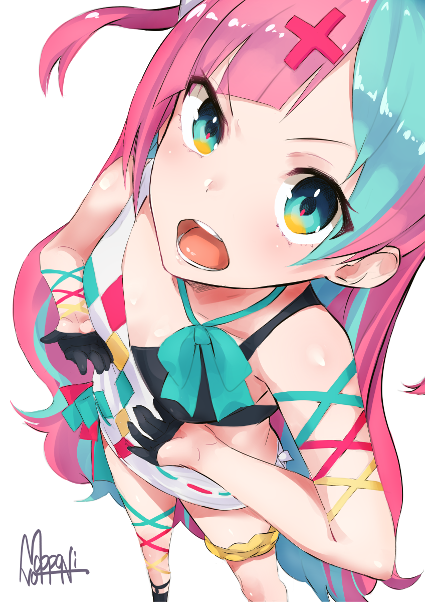 1girl aqua_hair artist_name black_gloves blue_eyes bow bowtie breasts eyebrows_visible_through_hair from_above gloves green_neckwear hair_ornament highres long_hair looking_at_viewer looking_up mappaninatta multicolored_bow multicolored_hair open_mouth pink_hair pinky_pop_hepburn pinky_pop_hepburn_official small_breasts smile solo thigh_strap two-tone_hair very_long_hair virtual_youtuber x_hair_ornament