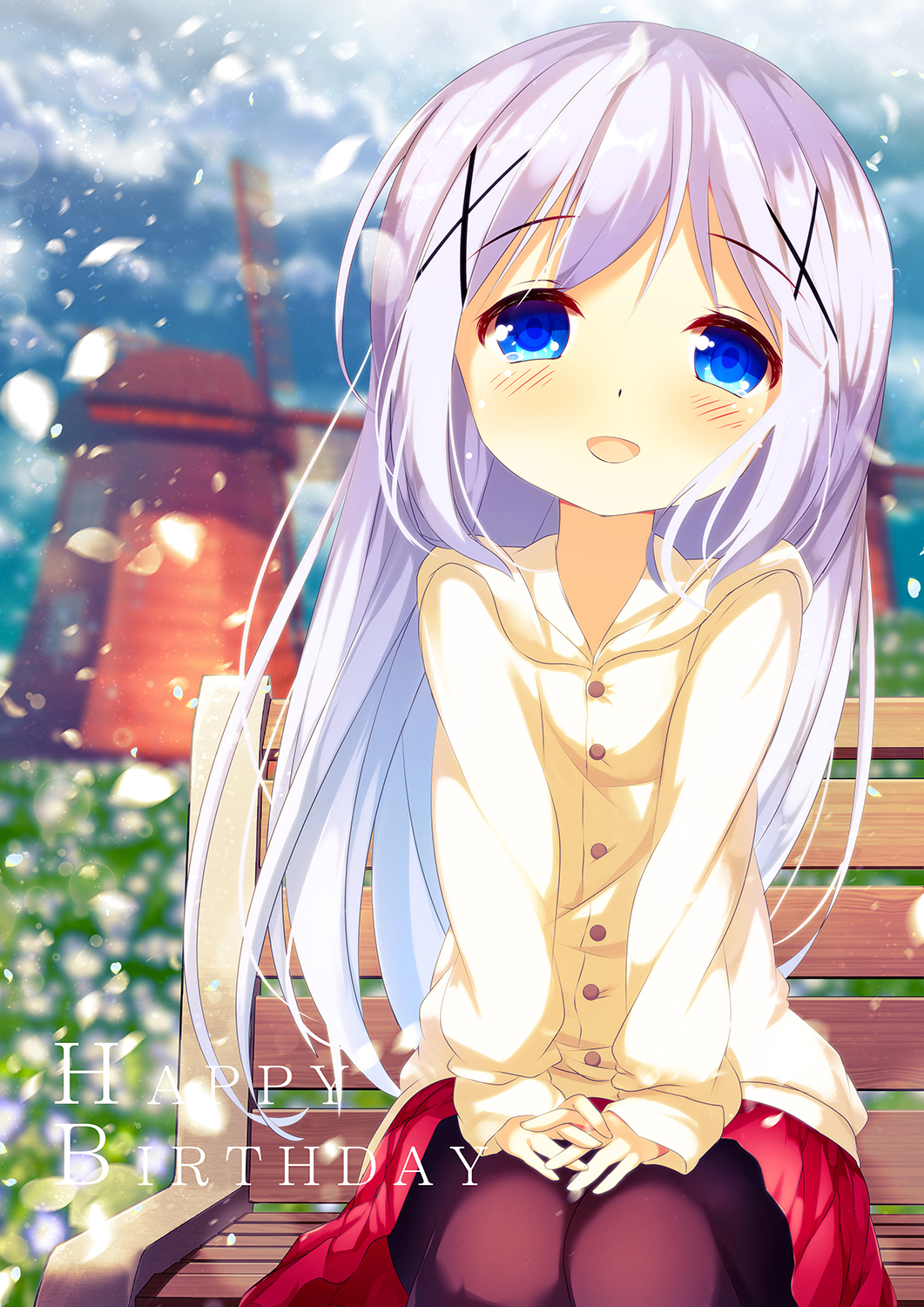 1girl :d bangs bench blue_eyes blue_sky blurry blurry_background blush brown_jacket brown_legwear chinomaron cloud commentary_request day depth_of_field eyebrows_visible_through_hair gochuumon_wa_usagi_desu_ka? hair_ornament happy_birthday head_tilt highres hood hood_down hooded_jacket jacket kafuu_chino long_hair long_sleeves on_bench open_mouth outdoors pantyhose park_bench petals pleated_skirt purple_hair red_skirt sitting skirt sky sleeves_past_wrists smile solo tears very_long_hair windmill x_hair_ornament