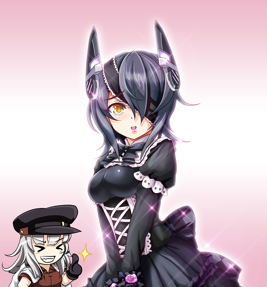 &gt;_&lt; alternate_costume back_bow black_bow black_dress black_eyepatch black_neckwear bow bowtie chibi commentary_request cross-laced_clothes dress dress_bow eyebrows_visible_through_hair eyepatch facing_another frilled_shirt_collar frilled_sleeves frills gangut_(kantai_collection) glint gothic_lolita gradient gradient_background grin headgear kantai_collection lace-trimmed_eyepatch lace-trimmed_sleeves layered_sleeves lipstick lolita_fashion long_sleeves looking_at_viewer makeup multiple_girls no_nose one_eye_covered pink_lipstick purple_hair short_hair sketch_eyebrows smile tears tenryuu_(kantai_collection) thumb thumbs_up tk8d32 v-shaped_eyebrows wrist_flower yellow_eyes